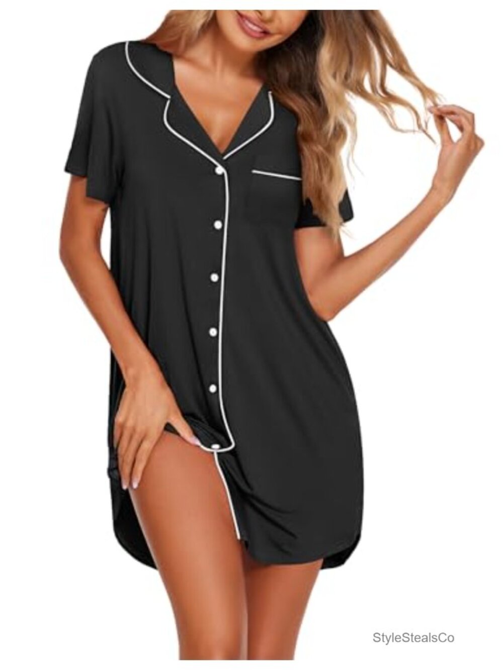 Womens Nightgown Button Down Sleepshirt V Neck Soft Sleepwear S-XXL